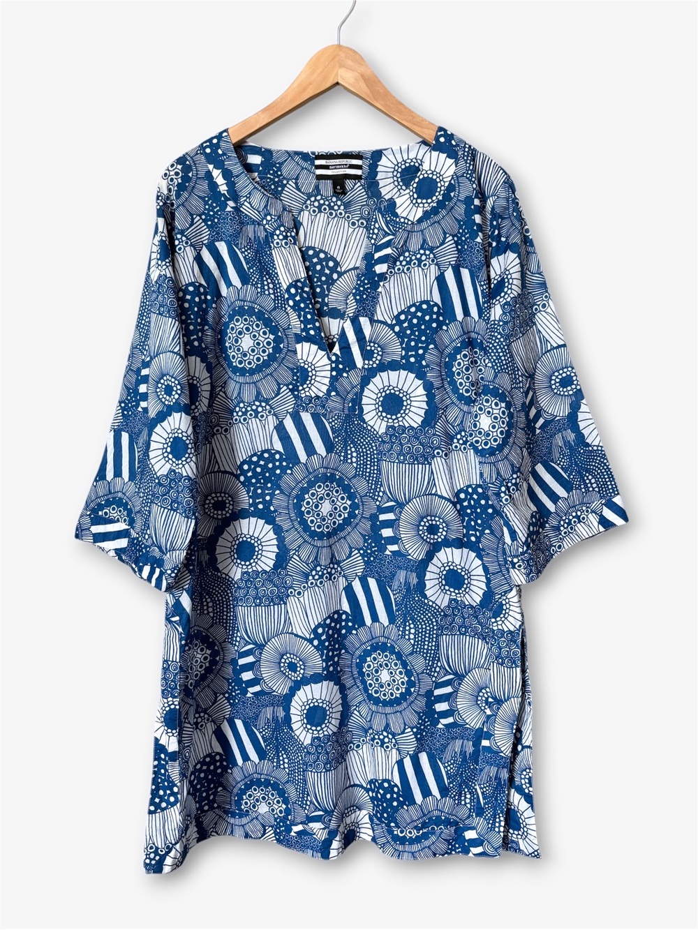 Banana Republic x Marimekko Blue White Floral Caftan Tunic Coverup Scandi Size 6